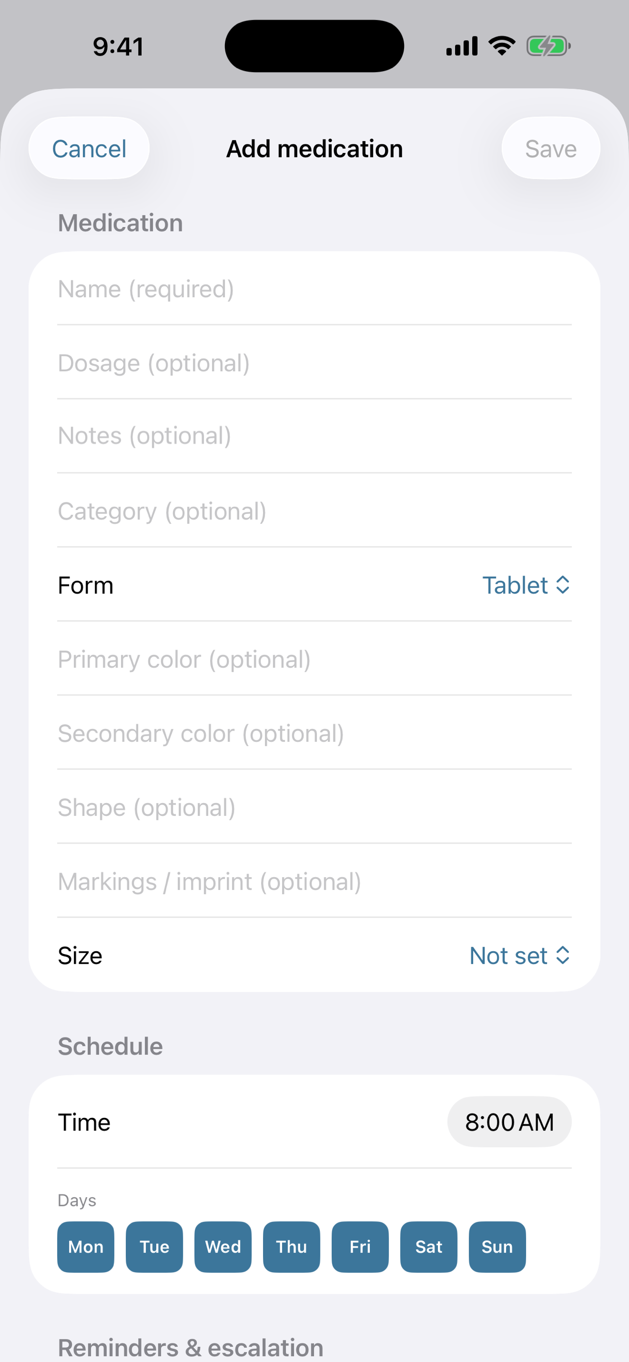 Add medication screen showing dosage, form, color, shape and schedule fields