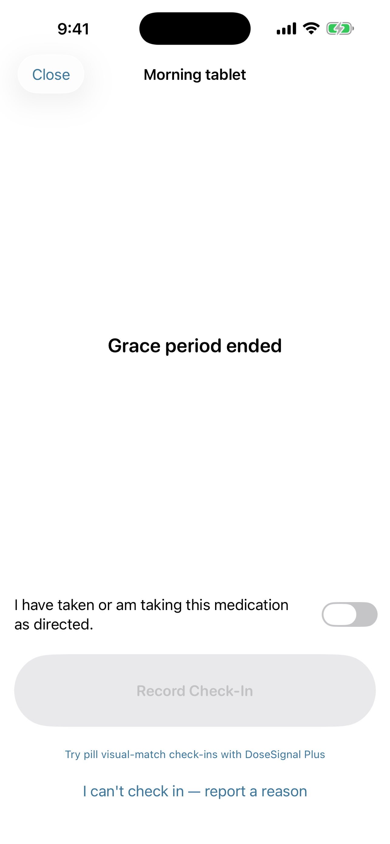 Live check-in confirmation screen with an "I have taken as directed" toggle