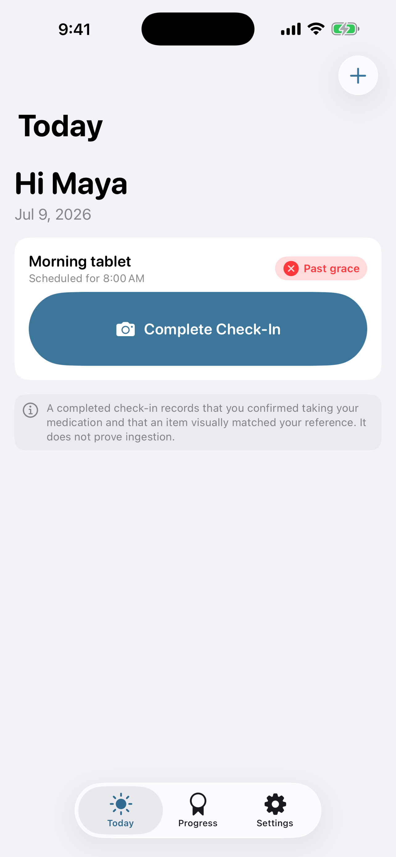DoseSignal Today screen showing a scheduled morning tablet and a Complete Check-In button